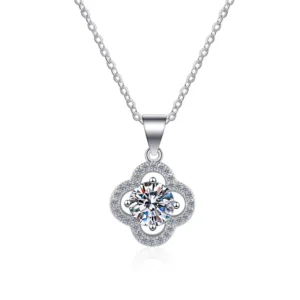 RENSINO Fine Jewelry 925 Sterling Silver Four Leaf Clover Moissanite Pendant Necklace for Women