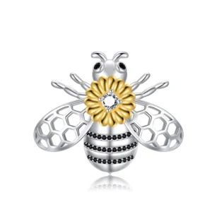 RENSINO Fine Jewelry 925 Sterling Silver Gold & Rhodium Plated Sunflower Honey Bee Brooch for Women