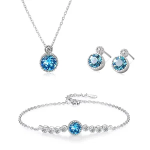 RENSINO Fine Jewelry 925 Sterling Silver Marine Heart Jewelry Set Light Luxury Colorful Diamond Necklace Earring Bracelet 3 Piece Set