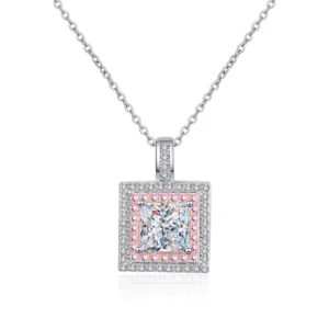 RENSINO Fine Jewelry 925 Sterling Silver Necklace Gold Plated Luxury Square 1 Carat Moissanite Pendant Diamond Necklace