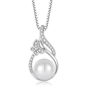 RENSINO Fine Jewelry 925 Sterling Silver Necklace Ladies’ Cute Swarovski White Shell Pearl Zircon Hollow Butterfly Pendant Customized