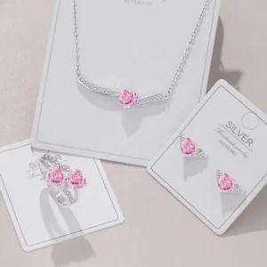 RENSINO Fine Jewelry 925 Sterling Silver Simple Fashion Heart Cut Pink Cubic Zirconia Stud Earrings and Ring Set