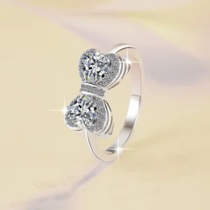 RENSINO Fine Jewelry Bowknot Shape Two Stone S925 Sterling Silver 0.5ct*2 Heart Cut VVs1 Moissanite Wedding Engagement Ring for Women
