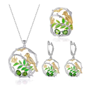 RENSINO Fine Jewelry China Factory Natural Chrome Diopside Leaf 925 Sterling Silver Jewelry Set