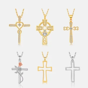 RENSINO Fine Jewelry Cross Necklace Women Irish Celtic Claddagh Rose Silver 925 Gold Plated Hollow Cross Necklace for Women