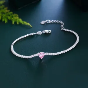 RENSINO Fine Jewelry Cubic Zirconia Women 925 Sterling Silver Pink Love Heart Shaped Charm Bracelet for Ladies Jewellery