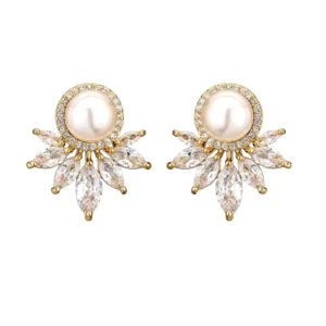 RENSINO Fine Jewelry Earrings White Pearl Earrings Marquis Shape Cubic Zircon 925 Silver Earrings for Wedding and Date