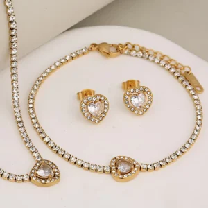 RENSINO Fine Jewelry Full Diamond Stainless Steel Jewelry Set Fashion Heart Square Round Bracelet Necklace Earring Women’s Jewelry
