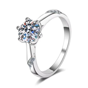 RENSINO Fine Jewelry GRA Certificate Rhodium Plated 0.5&1&2&3Ct VVS1 Moissanite Ring S925 Sterling Silver Engagement Ring for Women