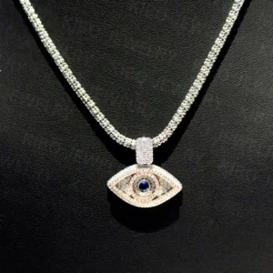 RENSINO Fine Jewelry Ice Chain 925 Sterling Silver Rose Gold Two Tone Eye Pendant Charm Necklace