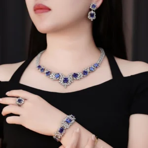 RENSINO Fine Jewelry Lab Sapphire Jewelry Set S925 Silver Suitable Bridal Wedding Luxury Necklace Earrings Jewelry Set for Women’s