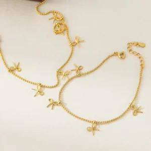 RENSINO Fine Jewelry Necklace Set for Women Sterling Silver 925 Gold Plated Bow Bowknot Bead Ball Chain Bracelets Jewelry