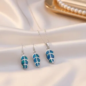 RENSINO Fine Jewelry S925 Sterling Silver Rhodium Plated Blue Opal Leaf Shape Earrings Necklace Set for Women Wedding Engagement Gift