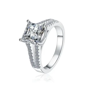 RENSINO Fine Jewelry Selling Crown 2 Carat Princess Cut Moissanite VVs1 Rhodium Plated Claw Setting Wedding Ring Sterling Silver