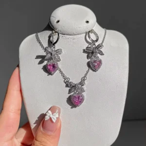 RENSINO Fine Jewelry Set 925 Sterling Silver Pink Cubic Zirconia Heart Earrings and Necklace for Girls Gift