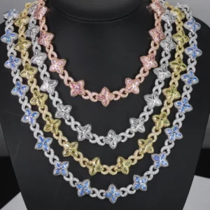 RENSINO Fine Jewelry Silver Plated Cuban Link Bracelet Colorful Eye Zircon Iced Out Diamond Four Leaf Clover Cuban Chain Necklace