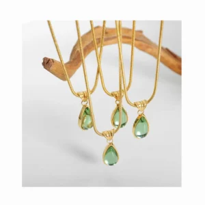 RENSINO Fine Jewelry Vintage Stainless Steel Olive Green Teardrop Necklace 18K Gold Filled Jewelry