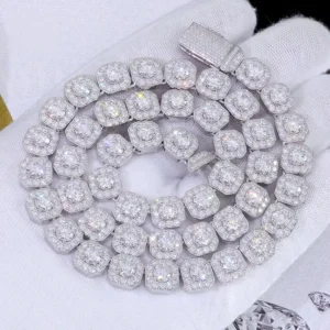 RENSINO Fine VVS Moissanite Diamond Brilliant Cut Hip Hop Style Necklace Cluster Flower 10mm 12mm Width Customized Length Cuban Tennis