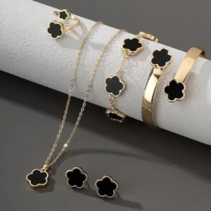RENSINO Five Petal Flower 5 Piece Set Necklace Bracelet Bangle Jewelry Women Gold Black Silver Earrings Rings European American Elegant