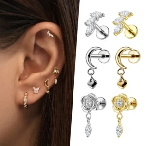 RENSINO Flat Back Zirconia ASTM F136 Titanium Piercing Stud Gold Labret Body Piercing Earrings G16 for Cartilage Helix and Conch