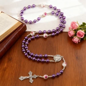 RENSINO Floral Ceramic & Glass Bead Rosary Necklace Alloy Crucifix Pendant Long Sweater Chain Catholic Religious Prayer Jewelry