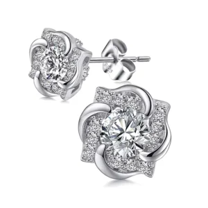 RENSINO Flower Cubic Zirconia Earrings Stud in 925 Sterling Silver for Women