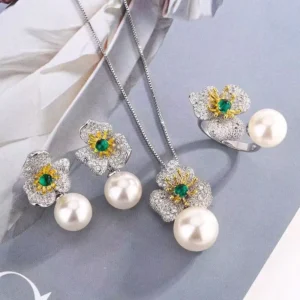 RENSINO Flower Pearl Jewelry Set 18K Two Tone Plated Emerald Accent Pendant Necklace Earrings Ring for Women