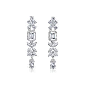 RENSINO Flower Shape Long Dangle Bridal Earring Clear Emerald Cut Zircon Earrings For Girl Fashion Wedding Jewelry