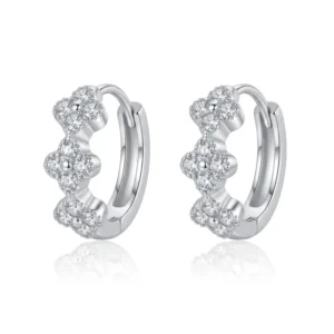 RENSINO Four Clover Flower Cluster Full Pave S925 Sterling Silver Hoop Earrings Floral Statement for Women Daily and Party Earrings