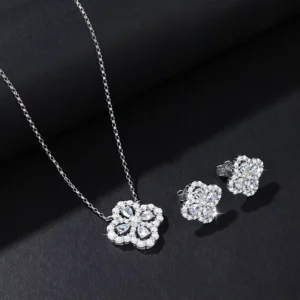 RENSINO Four Leaf Clover Drop Shaped Moissanite Cross Chain Necklace & Stud Earrings Luxury Women’s S925 Sterling Silver