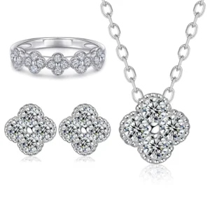 RENSINO Four leaf Clover Necklace Women’s Design Flower Zircon Ear Studs Rhodium Plated 925 Silver Ring 3 piece Jewelry Set for
