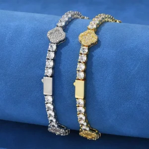 RENSINO Four leaf Clover Zircon Gold & Rhodium Plated Hiphop Party Tennis Bracelet Flower Unisex Jewelry