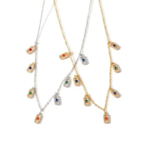 RENSINO Free Custom Brass Material Gold plated Silver Plated Red Blue Green Circular Zircon Hollow Out Craft Pendant Body Necklace