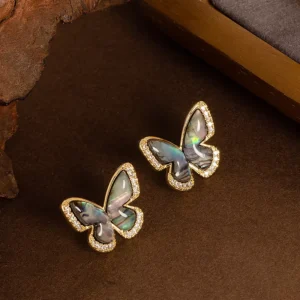 RENSINO French Luxury Women’s Natural Abalone Shell Butterfly Stud Earrings Sweet Diamond Zircon with Silver Needle
