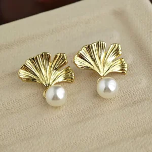 RENSINO French Style Elegant Women Jewelry S925 Silver Needle Golden Ginkgo Leaf Imitation Pearl Earrings Fashion Stud Earrings