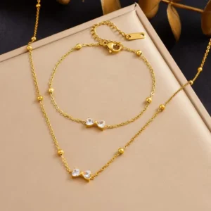 RENSINO French Style Light Luxury Bow Charms Zircon Titanium Steel Necklace Women’s Fashion Fine Necklace Bracelet Jewelry Set