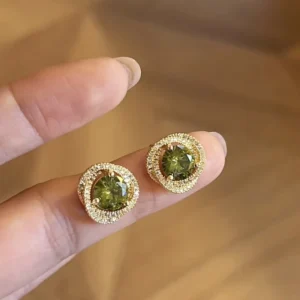 RENSINO French style Retro Olive Green Four leaf Flower Zircon Stud Earrings Copper Plated with Real Goldm Plating