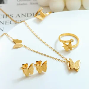 RENSINO Frosted Butterfly Charm 18k Gold Plated Stainless Steel Necklace Earrings Ring Bangle Jewelry Sets for Women