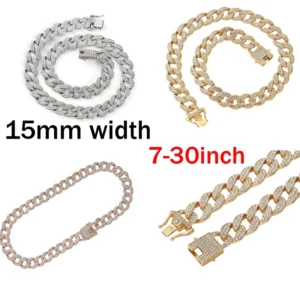 RENSINO Full Iced Out Link Chain Rhinestone Alloy 15 MM Width Miami Cuban Chain Silver Gold Plating for Men