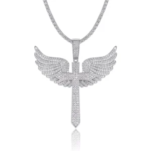 RENSINO Full Moissanite Cross Pendant Necklace with Angel Wings 925 Sterling Silver 18K Gold Plated Streetwear Gift Men Women