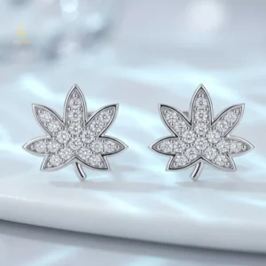 RENSINO Full Paved Maple Leaf Shaped S925 Silver Stud for Women Daily Wear Moissanite Earrings