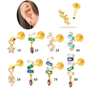 RENSINO G23 ASTM F136 Titanium Water Drop Pendant Internal Thread Flat Back Ear Stud Cubic Zirconia Cartilage Piercing Jewelry