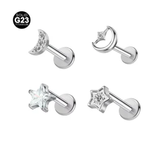 RENSINO G23 F136 Titanium Moon Star Shape Piercing Internal Thread Silver Plated Flat Back Helix Conch Piercing Jewelry