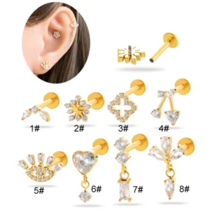 RENSINO G23 Hypoallergenic Titanium Jewelry Cartilage Piercing CZ Flower Heart Pengant Lobe Tragus Studs Internally Thread Stud Earrings
