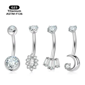 RENSINO G23 Titanium Belly Piercing Luxury Flower Double Head Zircon Gold Silver Plated Navel Belly Rings Piercing Jewelry