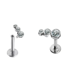 RENSINO G23 Titanium Body Piercing Internally Threaded Bezel Set 3 CZ Stone Clearuster Top Labret