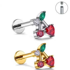 RENSINO G23 Titanium Cherry Heart Shape Flat Back Stud Earring Nose Lip Studs CZ Ear Tragus Cartilage Helix Conch Lobe Piercing Jewelry