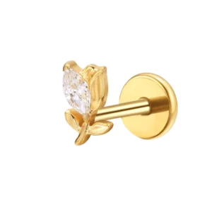 RENSINO G23 Titanium Earring Flower Flat Back Labret Body Jewelry with Natural Diamonds and Zircon Main Stone
