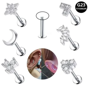 RENSINO G23 Titanium External Thread Zircon Flower Lip Stud F136 Flat Bottom Rod Ear Stud Titanium Body Piercing Earrings Jewelry