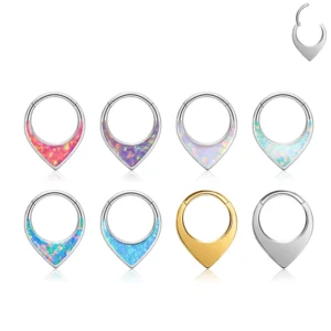 RENSINO G23 Titanium Nose Septum Hoop Ring 16G Opal Water Drop Shaped Hinged Segment Clicker Helix Earrings Body Piercing Jewelry